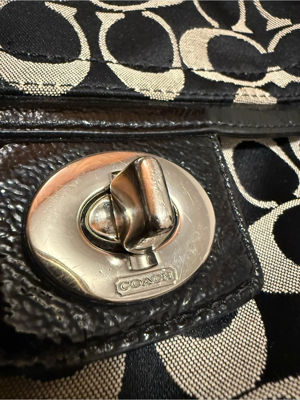 Coach Penelope Black grey Logo Shoulder Bag with Turn-Lock Front Pocket